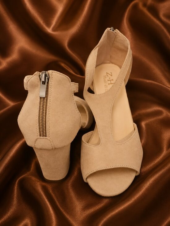 Shoes - Nude Suede T-Strap Block Heel Sandals